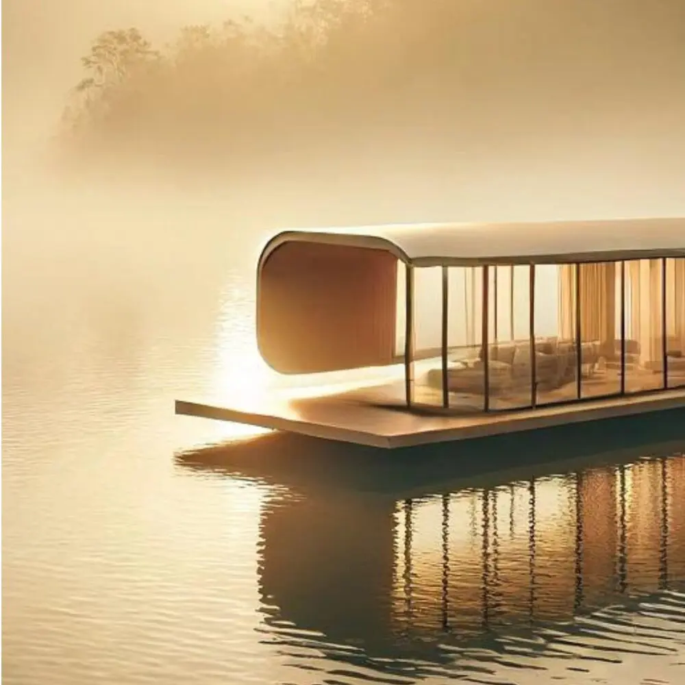 Barge d’habitation flottante au lever du soleil, projet Boat Home Déco Low à Angers