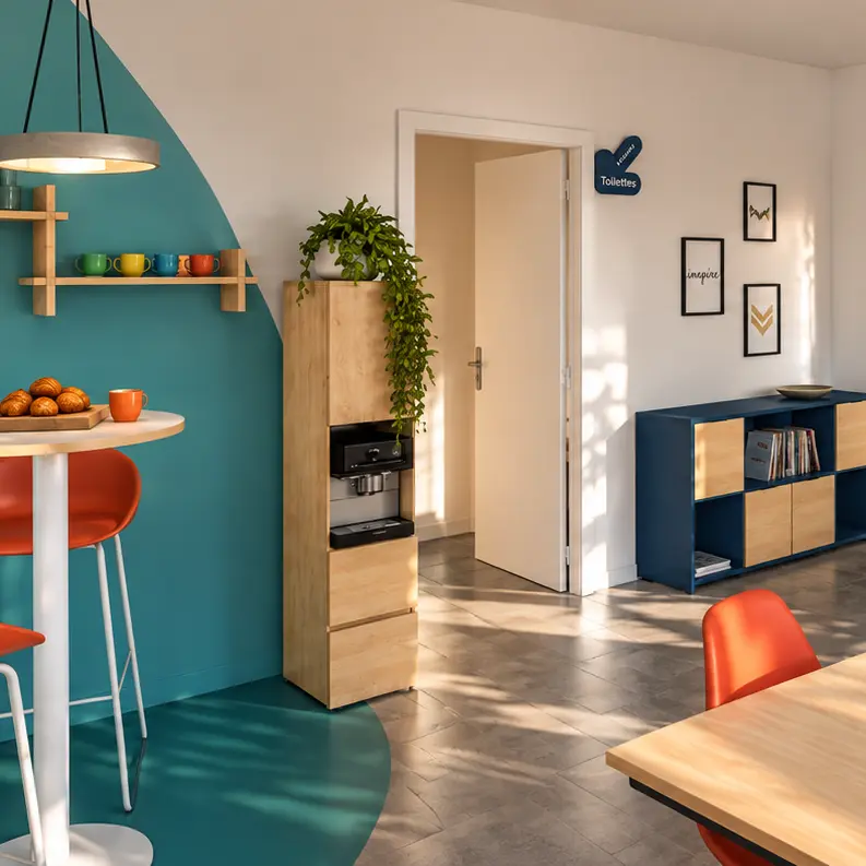 Espace de convivialité des bureaux partagés EXECO Conseil et COPIN à Martigues, vue 3D