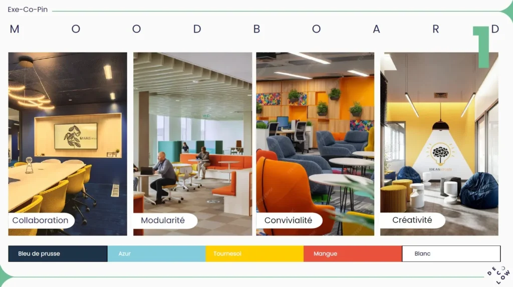 Moodboard des bureaux : collaboration, modularité, convivialité et créativité