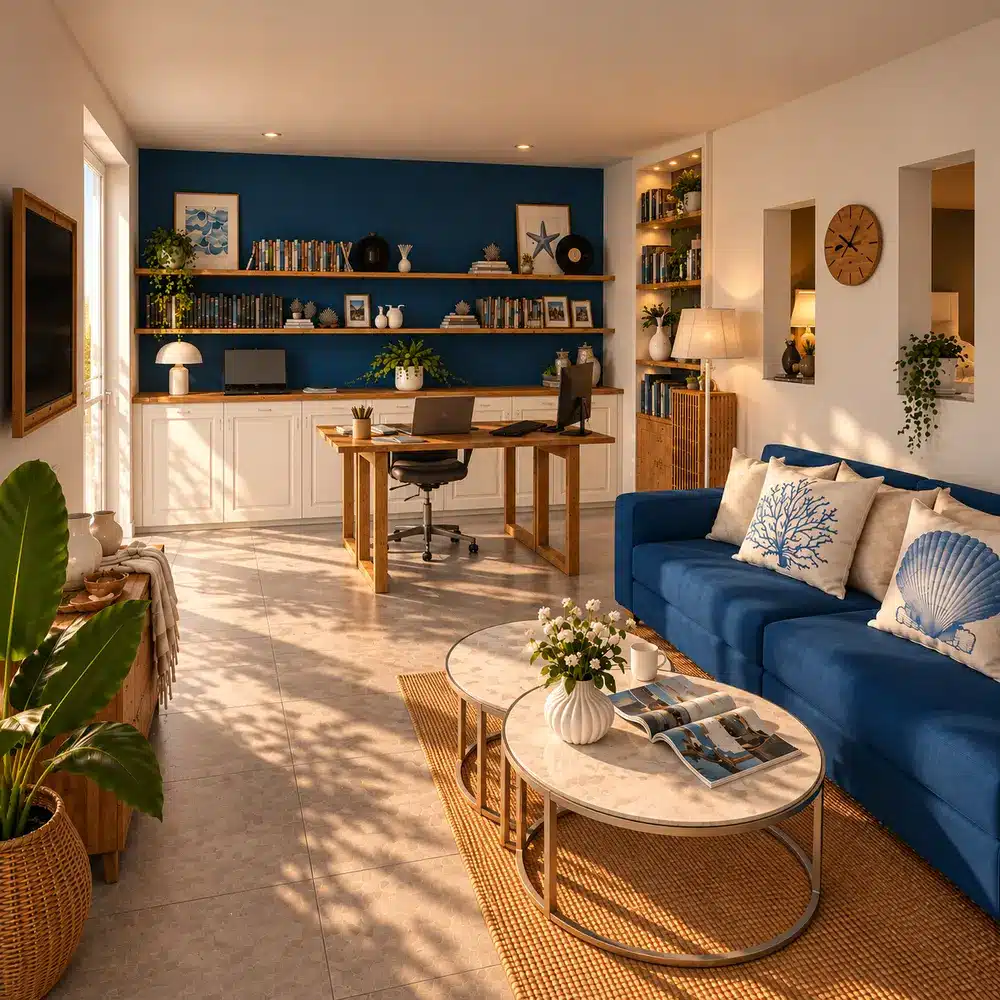 Espace de vie méditerranéen à Sausset-les-Pins avec mur bleu, bureau et canapé, vue 3D